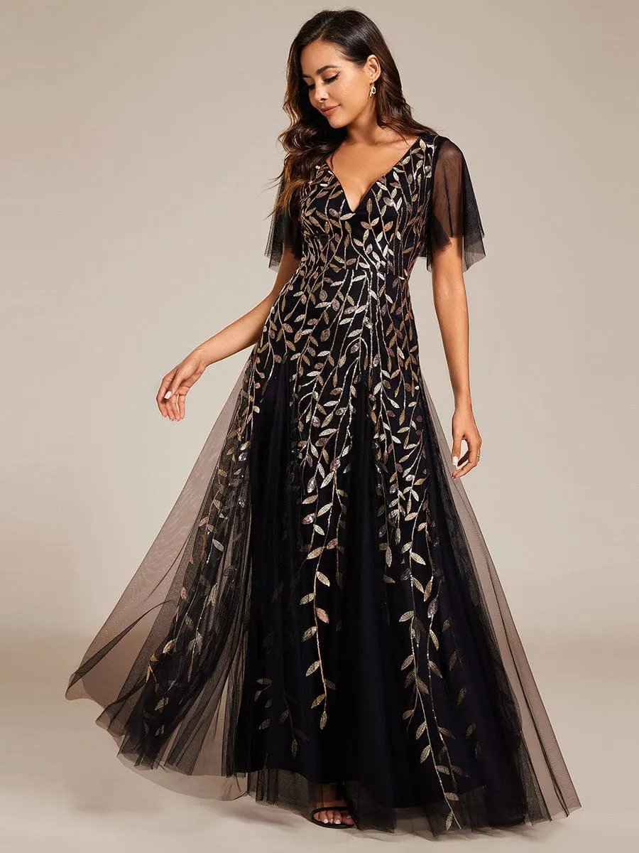 Romantic Shimmery V Neck Ruffle Sleeves Maxi Long Mother of the Bride Dress