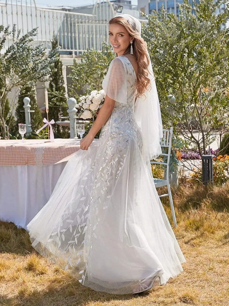 Romantic Shimmery V Neck Ruffle Sleeves Maxi Long Mother of the Bride Dress