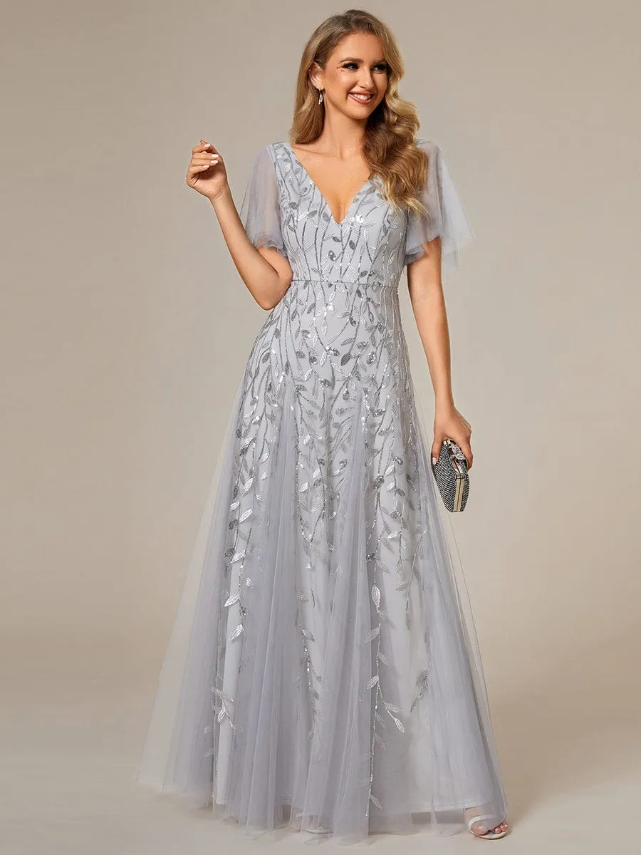 Romantic Shimmery V Neck Ruffle Sleeves Maxi Long Mother of the Bride Dress