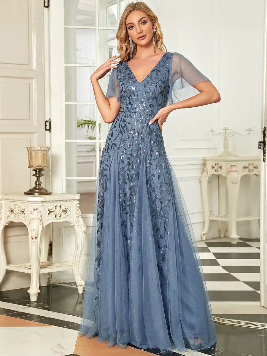 Romantic Shimmery V Neck Ruffle Sleeves Maxi Long Mother of the Bride Dress