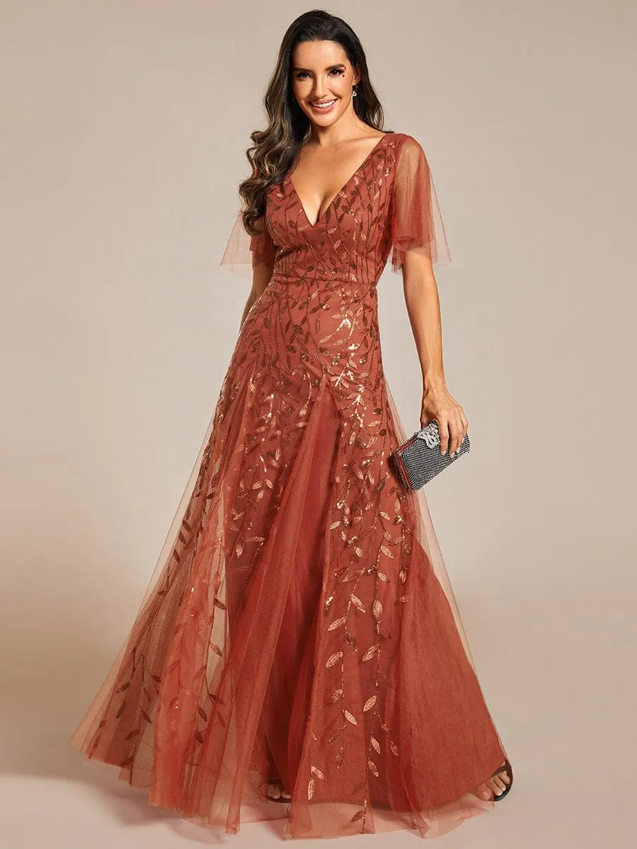 Romantic Shimmery V Neck Ruffle Sleeves Maxi Long Mother of the Bride Dress