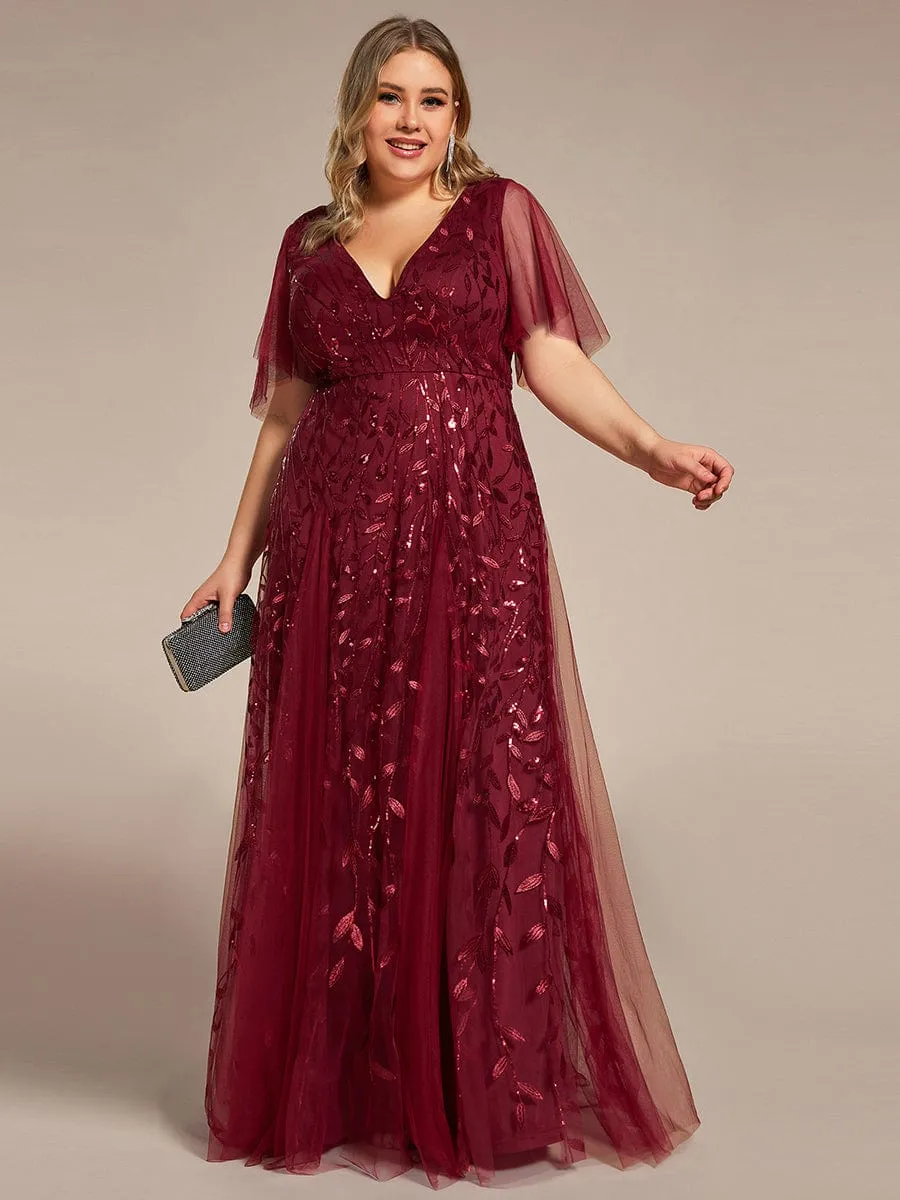 Romantic Shimmery V Neck Ruffle Sleeves Maxi Long Mother of the Bride Dress