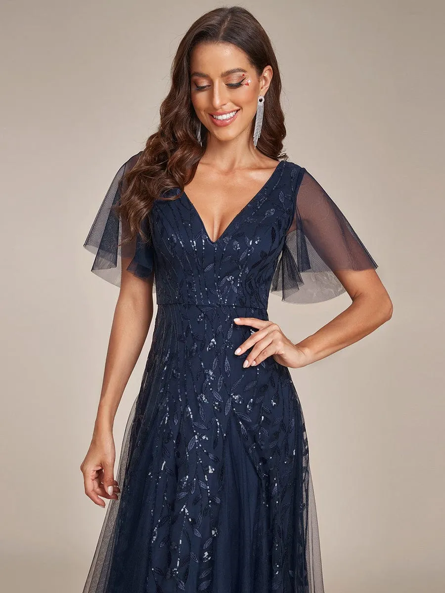 Romantic Shimmery V Neck Ruffle Sleeves Maxi Long Mother of the Bride Dress