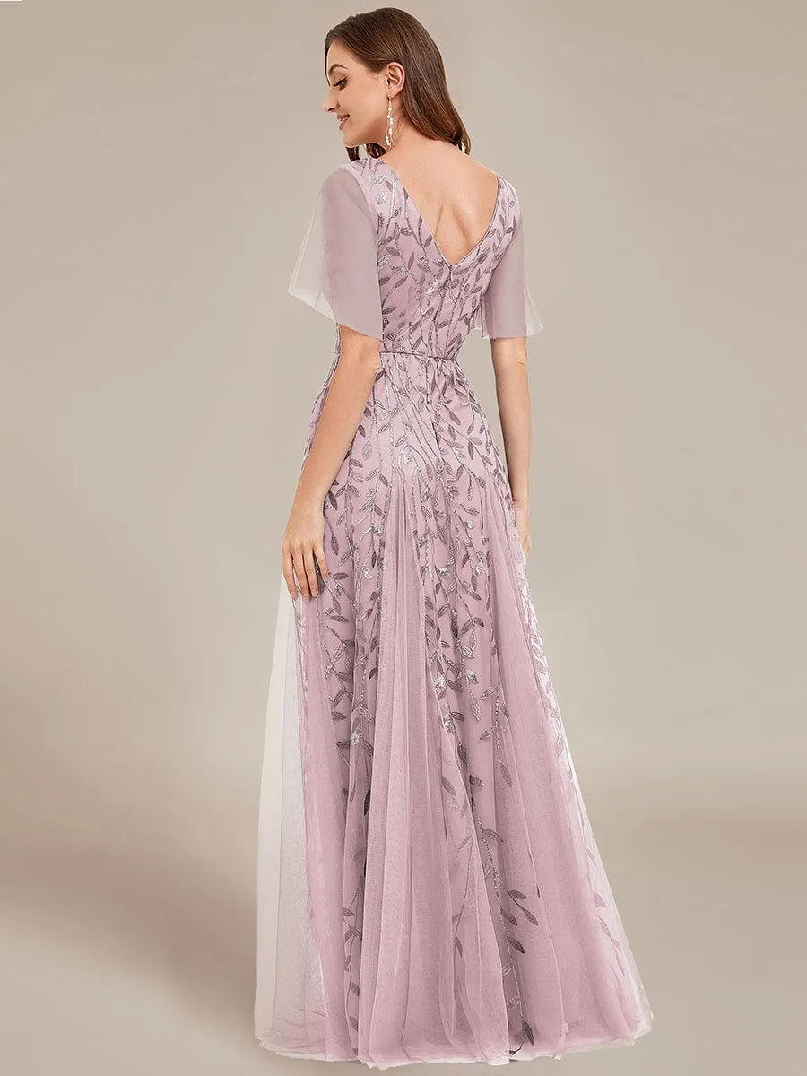 Romantic Shimmery V Neck Ruffle Sleeves Maxi Long Mother of the Bride Dress