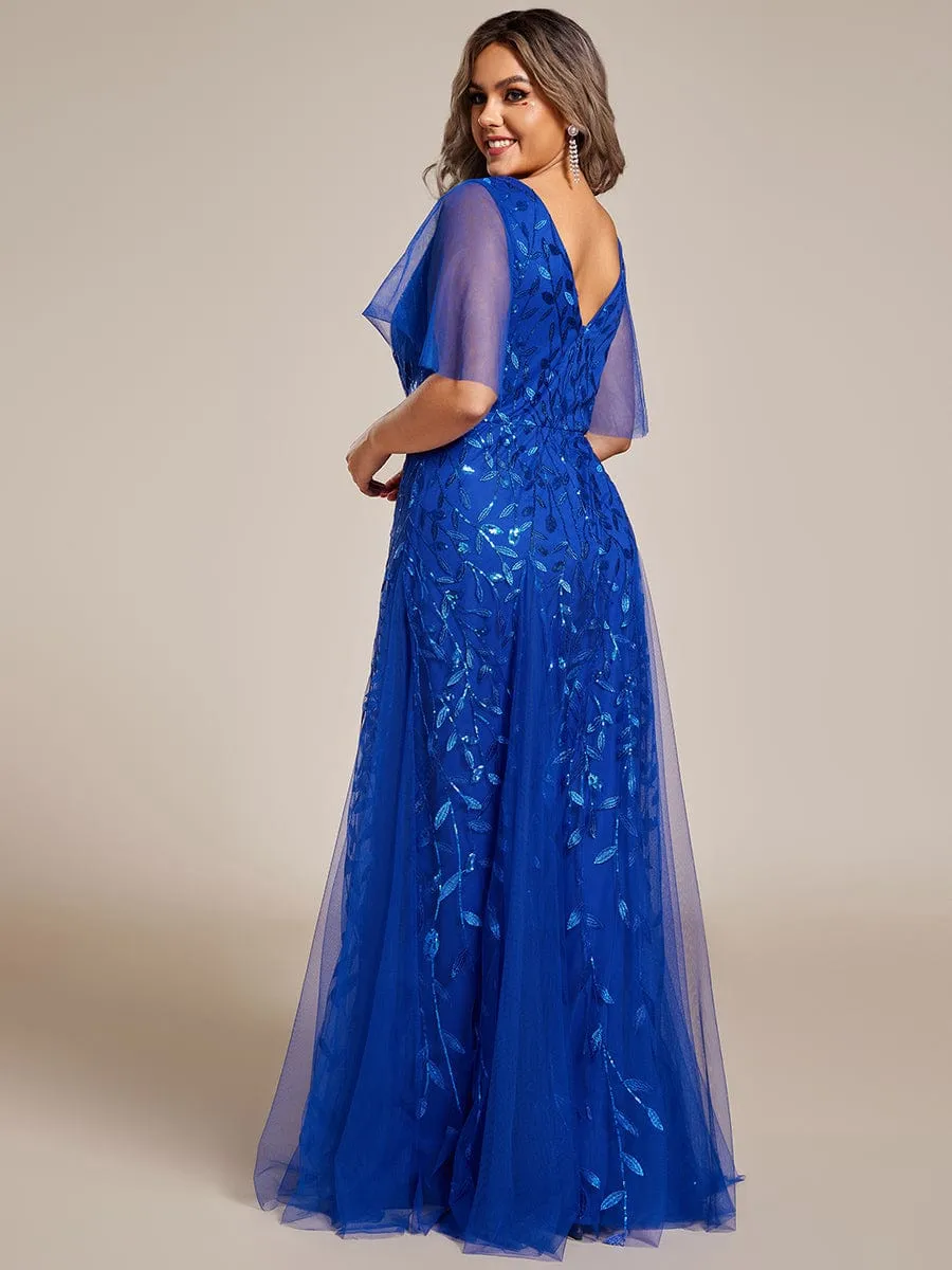 Romantic Shimmery V Neck Ruffle Sleeves Maxi Long Mother of the Bride Dress