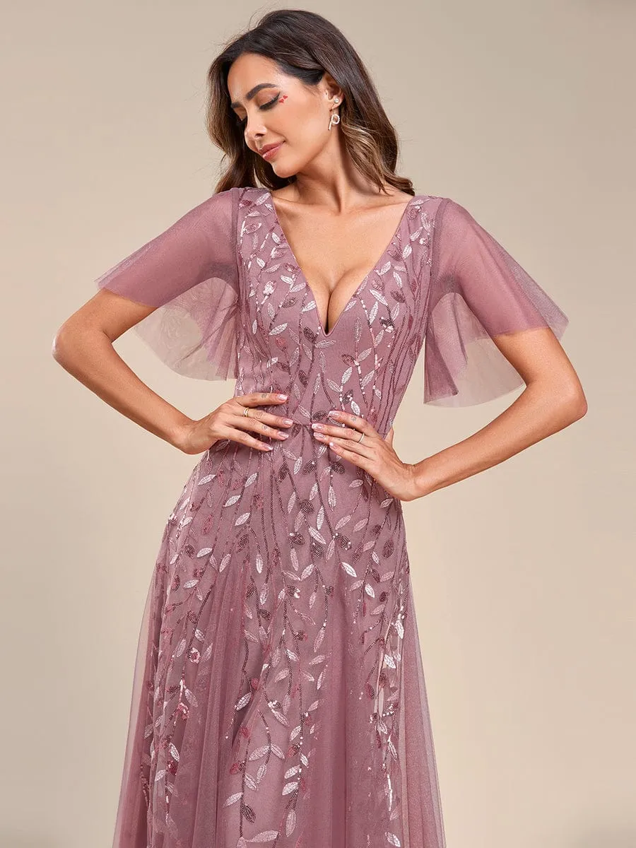 Romantic Shimmery V Neck Ruffle Sleeves Maxi Long Mother of the Bride Dress