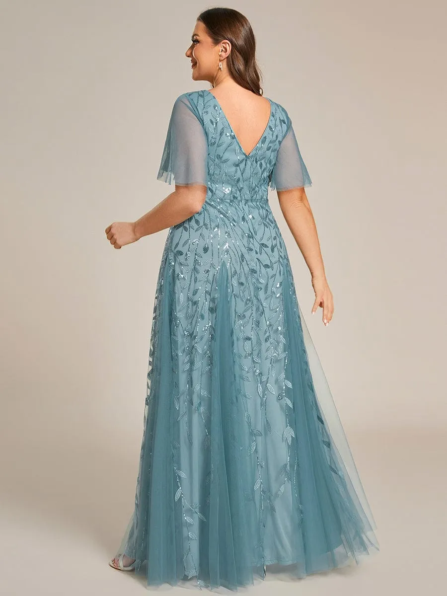 Romantic Shimmery V Neck Ruffle Sleeves Maxi Long Mother of the Bride Dress