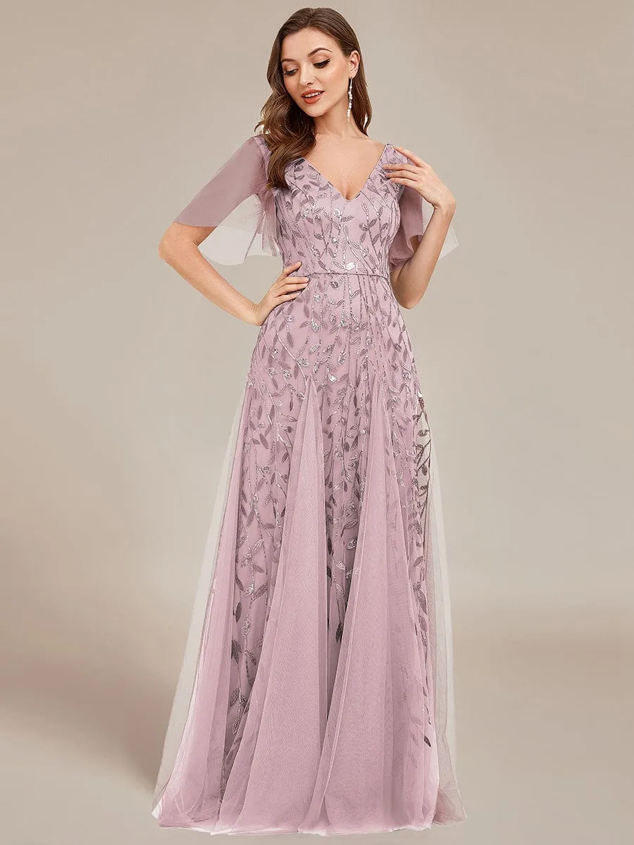 Romantic Shimmery V Neck Ruffle Sleeves Maxi Long Mother of the Bride Dress