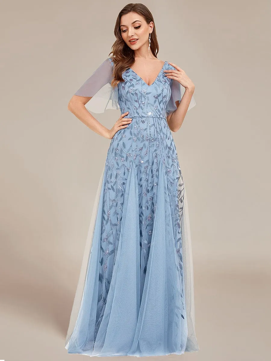 Romantic Shimmery V Neck Ruffle Sleeves Maxi Long Mother of the Bride Dress