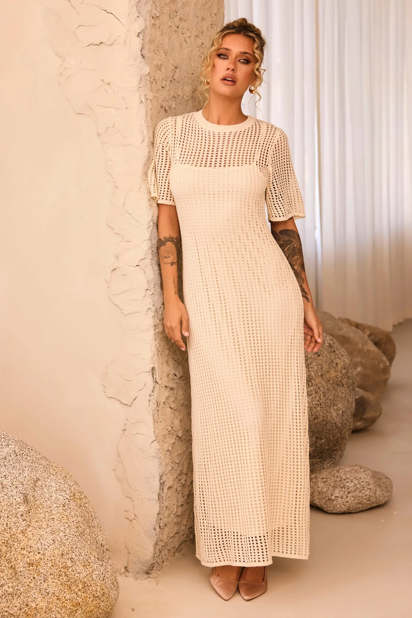 Rosalyn Crochet Maxi Dress - Beige