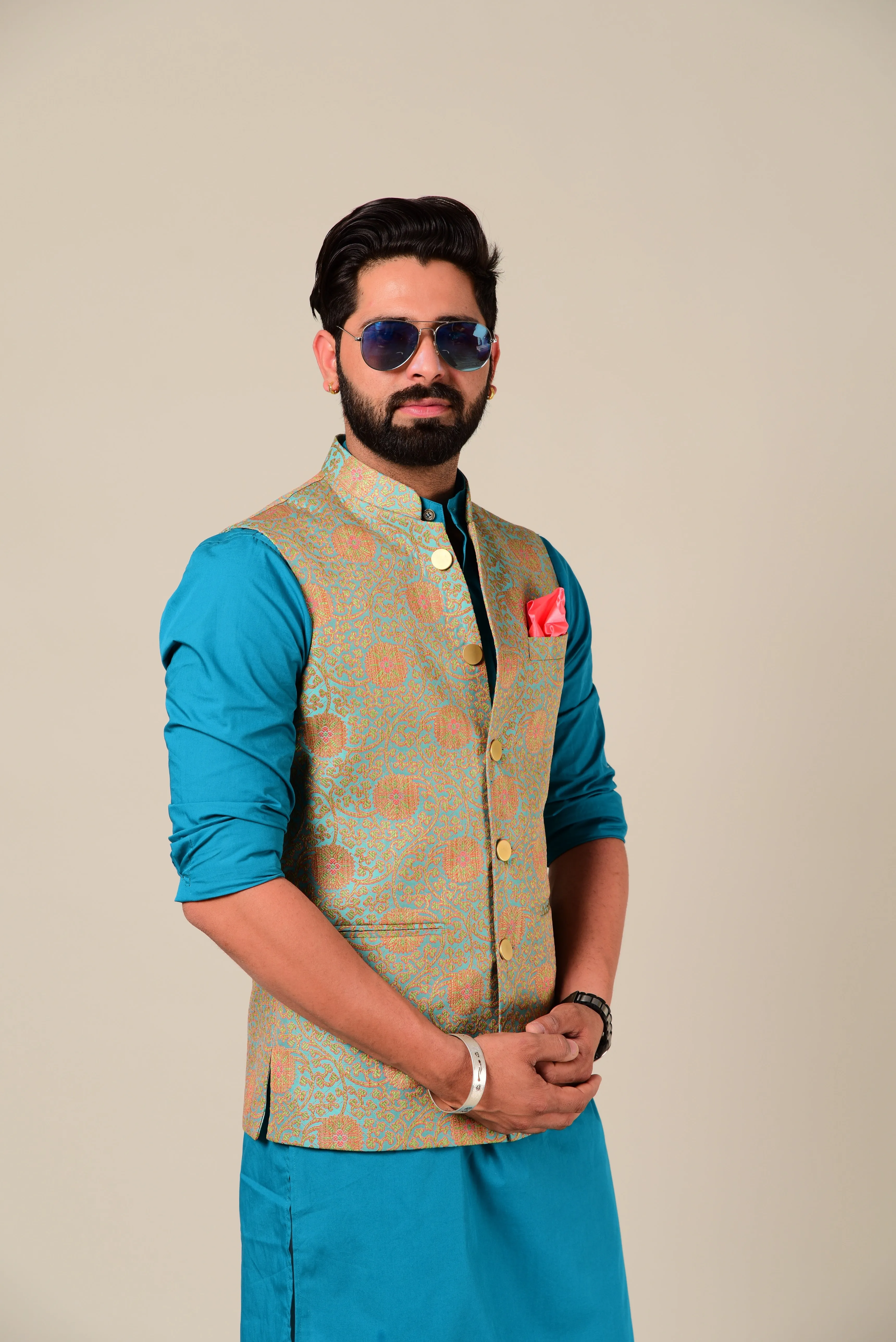 Sage Green And Pink Brocade Half Jodhpuri Jacket with Kurta Pajama Set