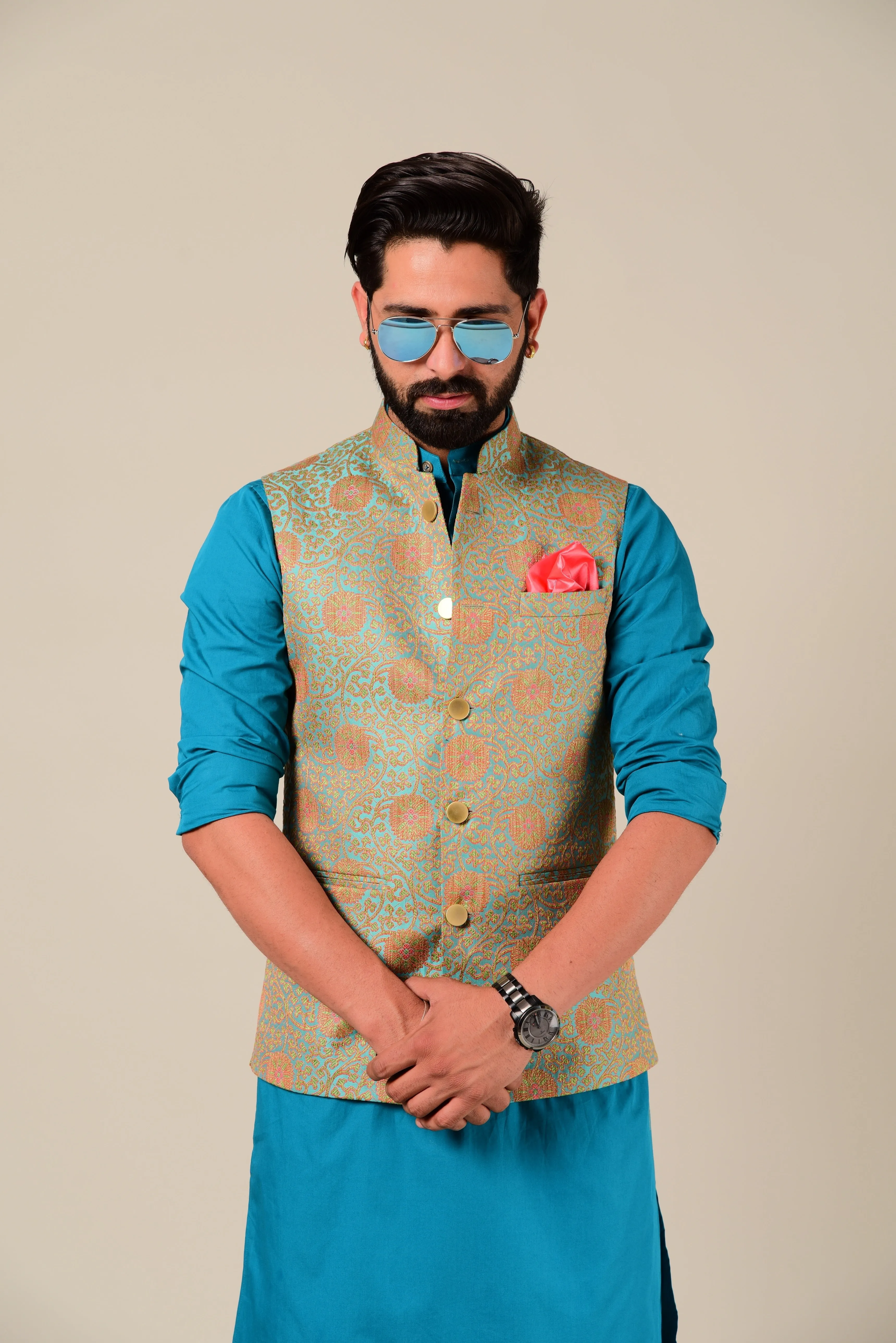 Sage Green And Pink Brocade Half Jodhpuri Jacket with Kurta Pajama Set