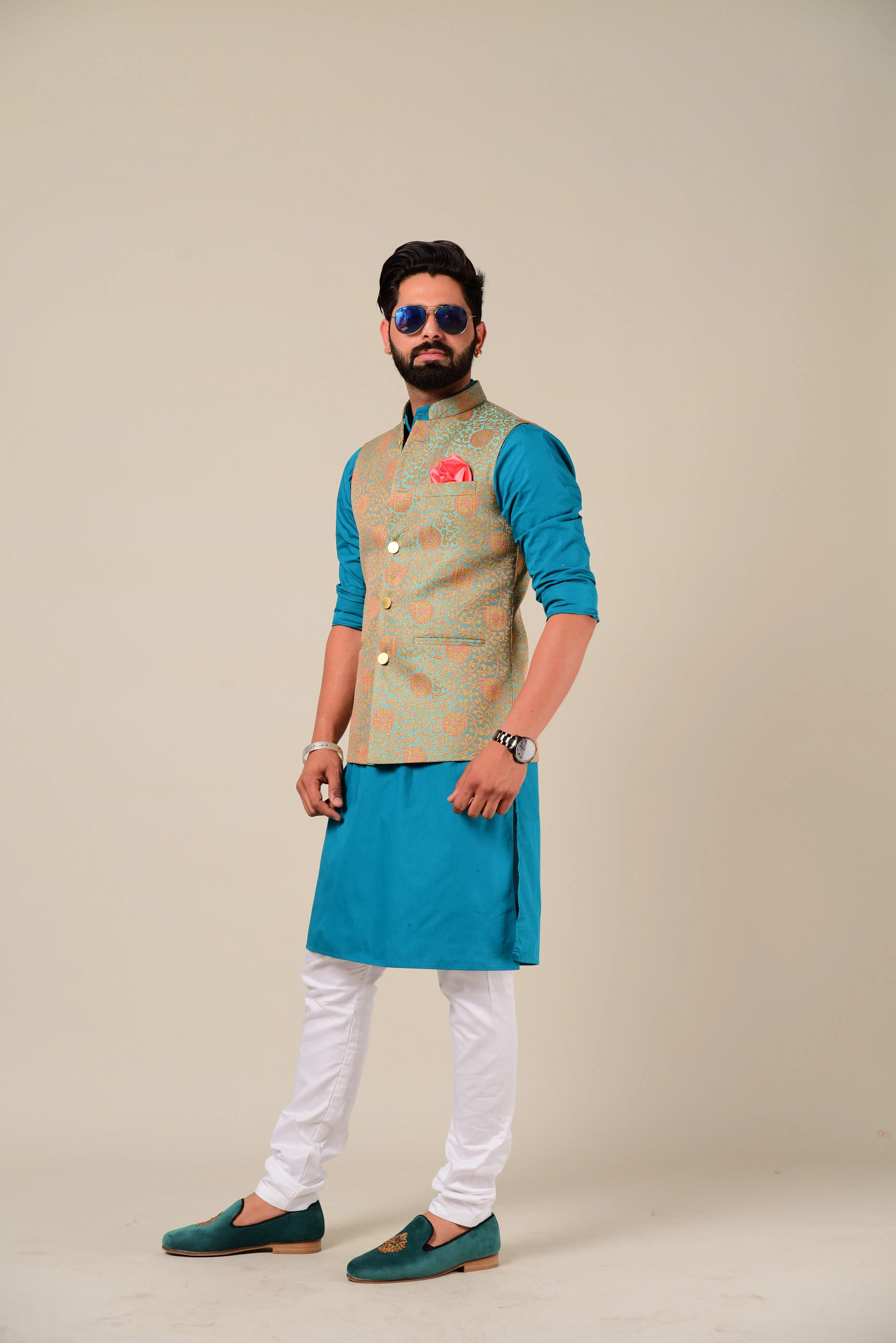 Sage Green And Pink Brocade Half Jodhpuri Jacket with Kurta Pajama Set