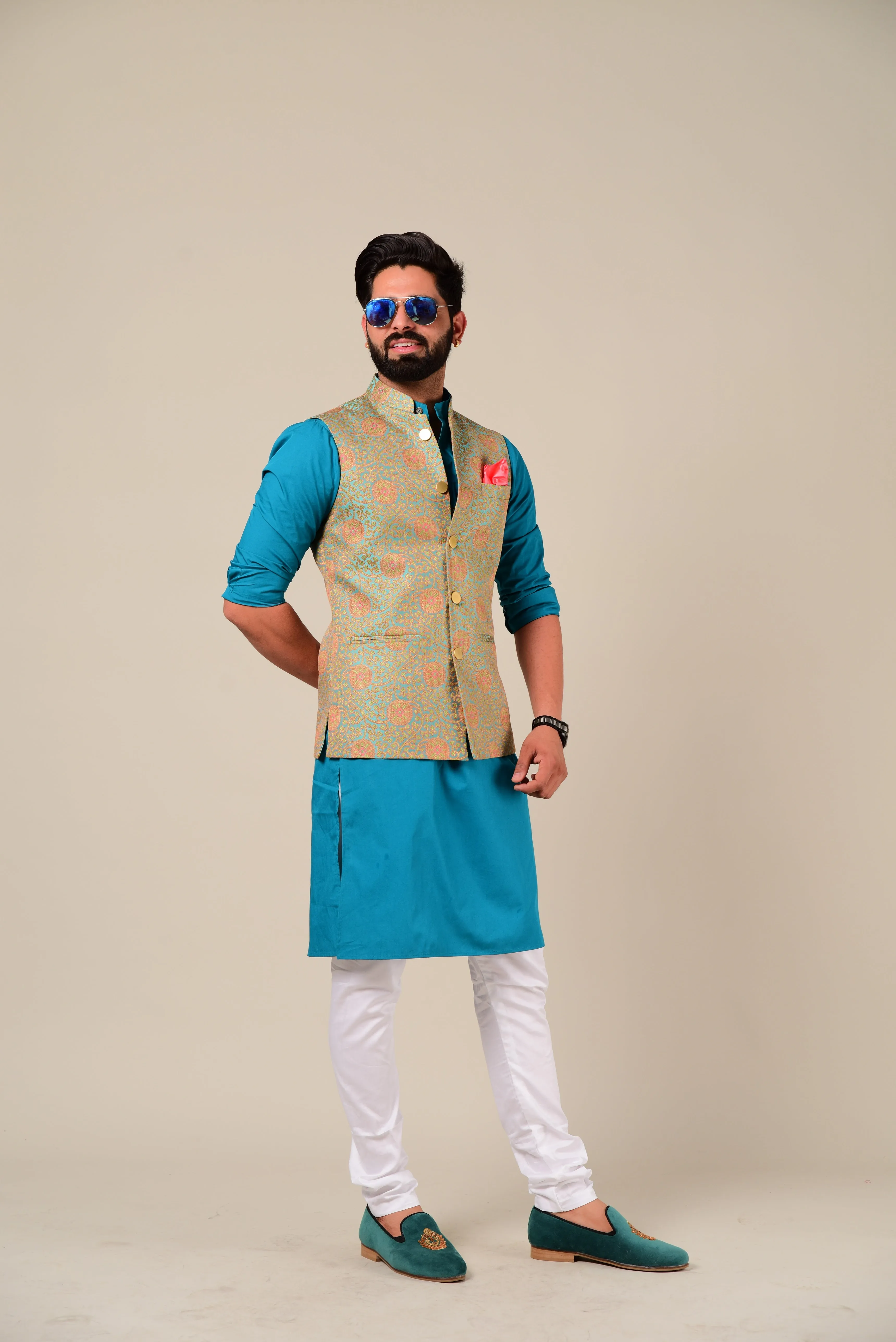 Sage Green And Pink Brocade Half Jodhpuri Jacket with Kurta Pajama Set