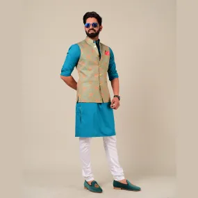 Sage Green And Pink Brocade Half Jodhpuri Jacket with Kurta Pajama Set