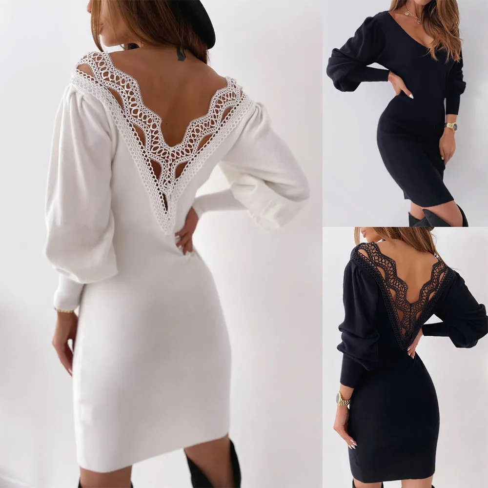 Sexy open-back lace V-neck waistband hip dress