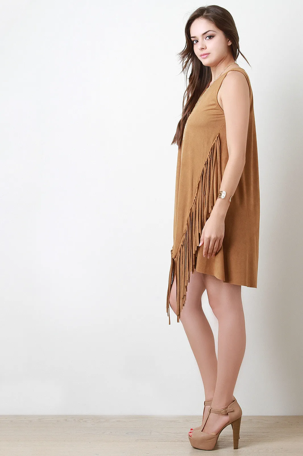 Slanted Fringe Suede Shift Mini Dress