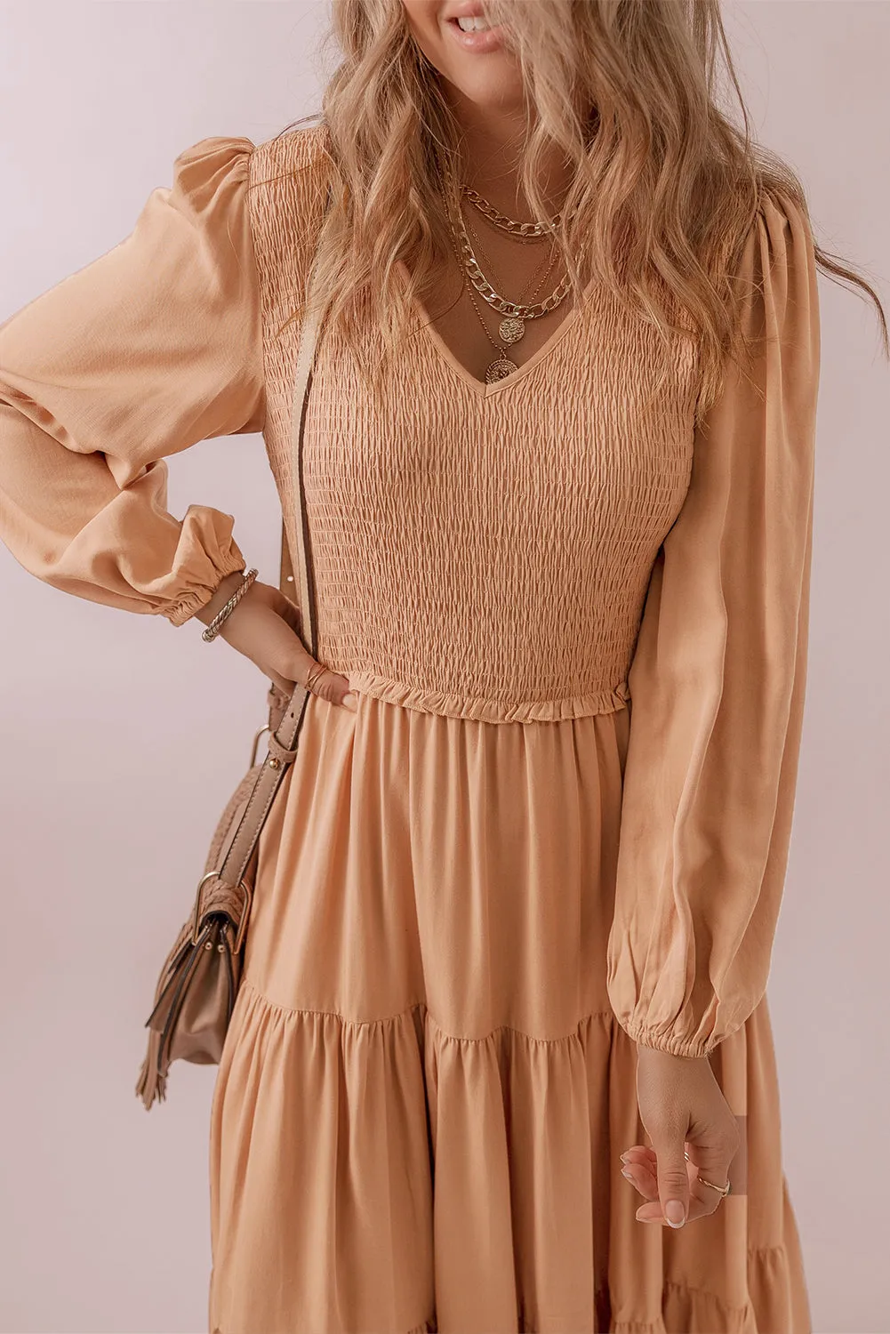 Smocked Long Sleeve Ruffle Dress