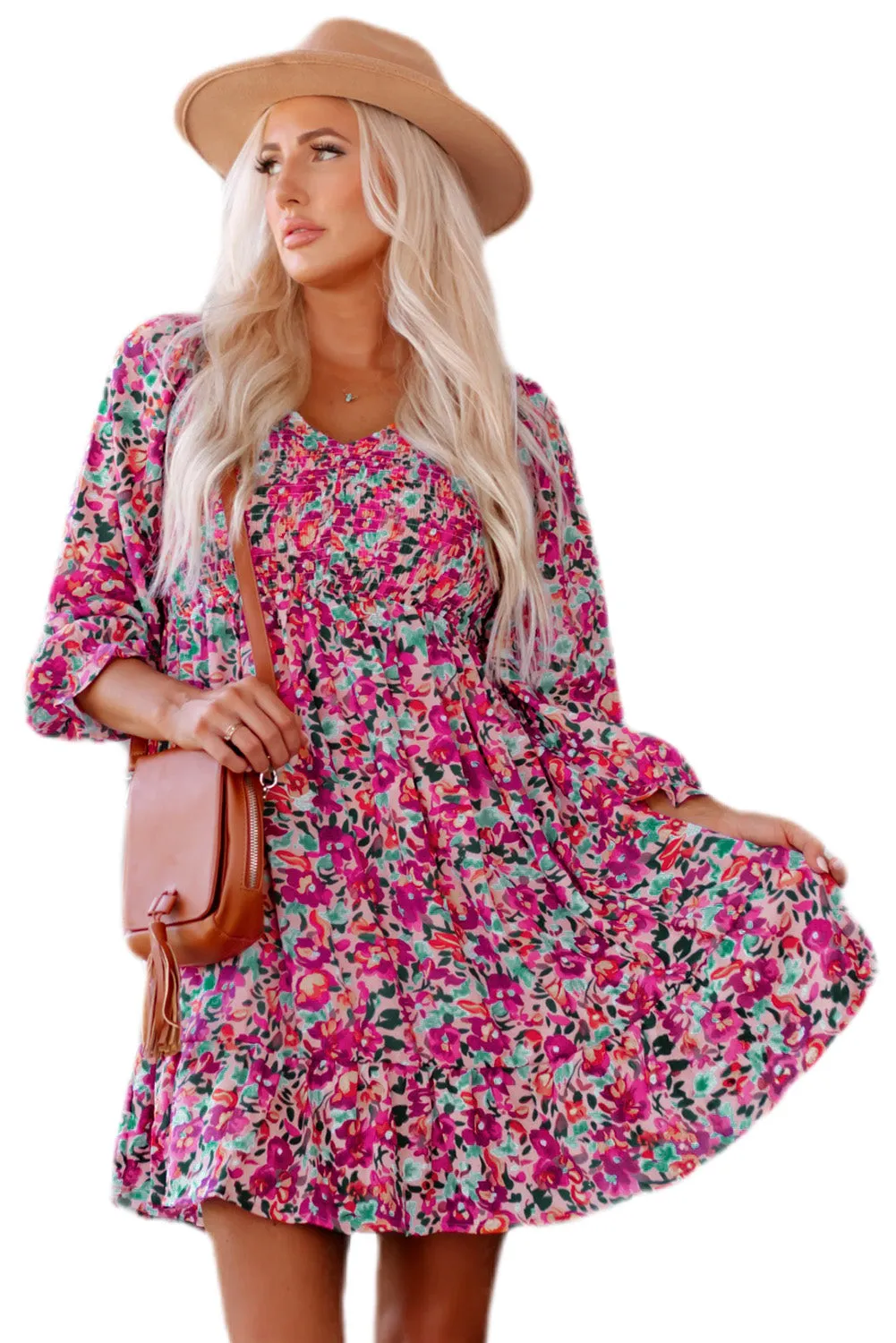 Smocked Puffy Sleeve Floral Dresses