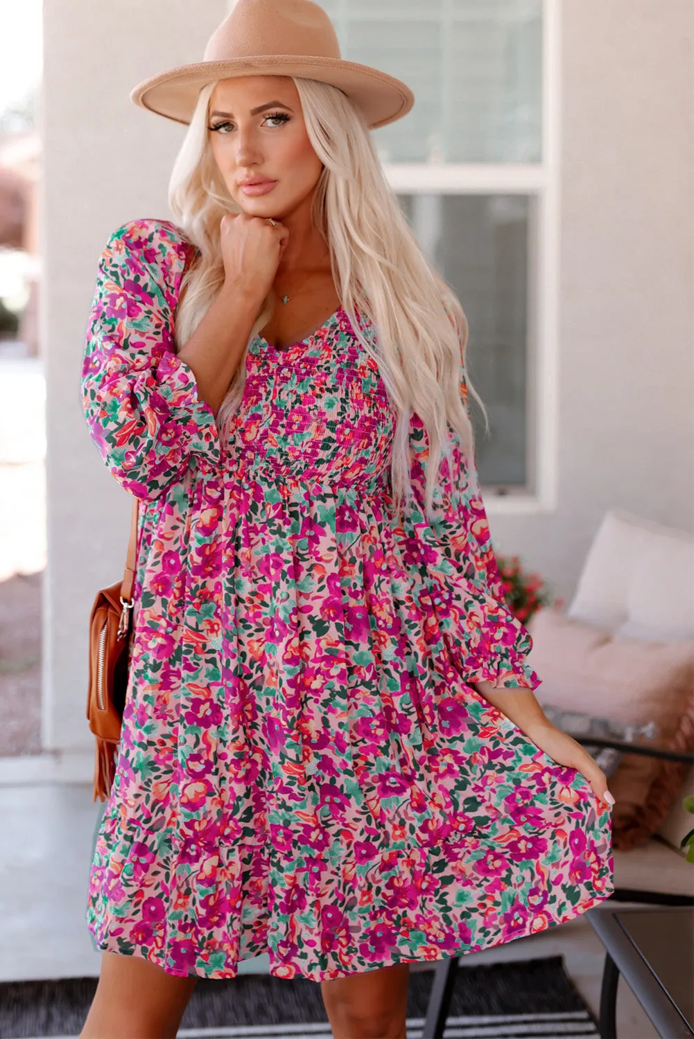 Smocked Puffy Sleeve Floral Dresses