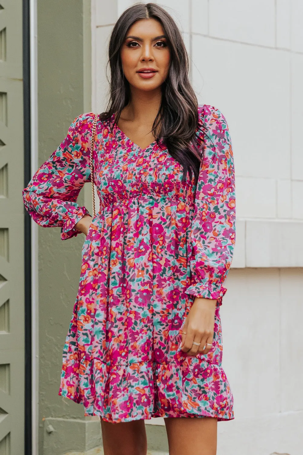 Smocked Puffy Sleeve Floral Dresses