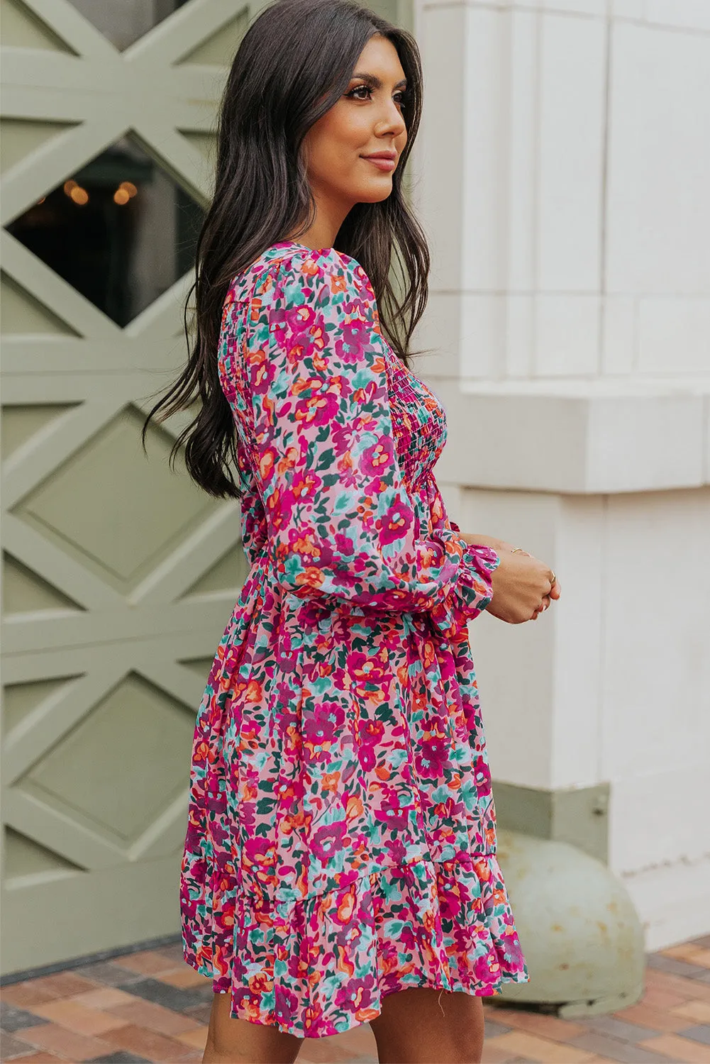 Smocked Puffy Sleeve Floral Dresses