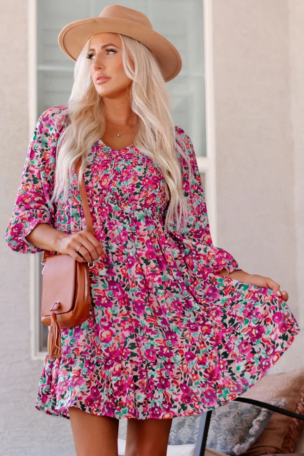 Smocked Puffy Sleeve Floral Dresses