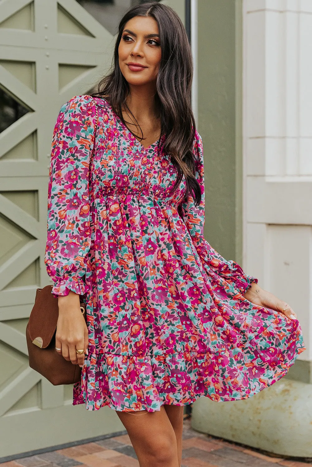 Smocked Puffy Sleeve Floral Dresses