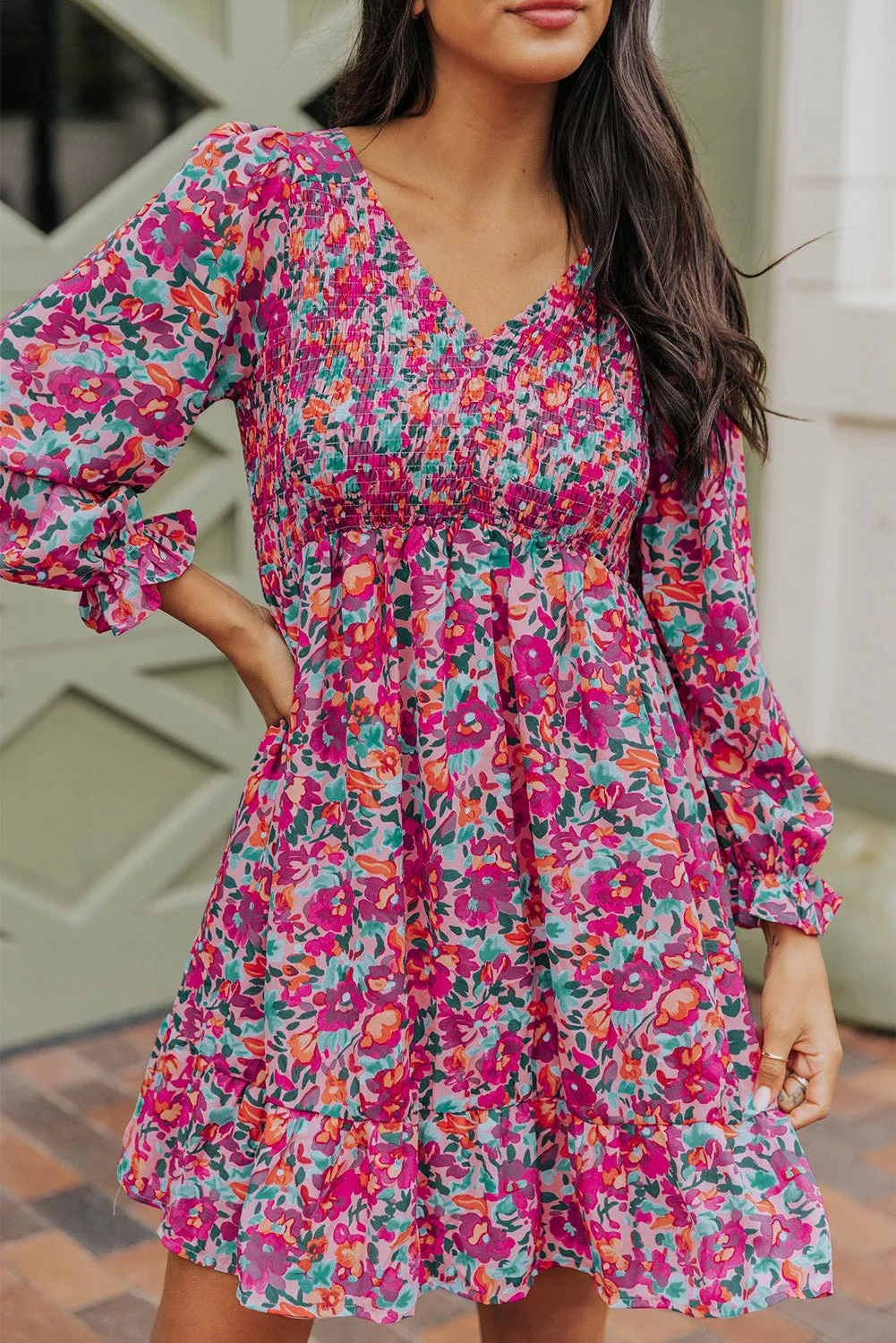 Smocked Puffy Sleeve Floral Dresses