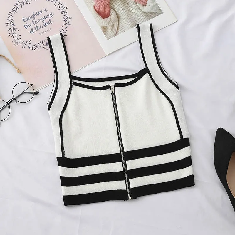 Striped Zip-Up Knit Camisole Top