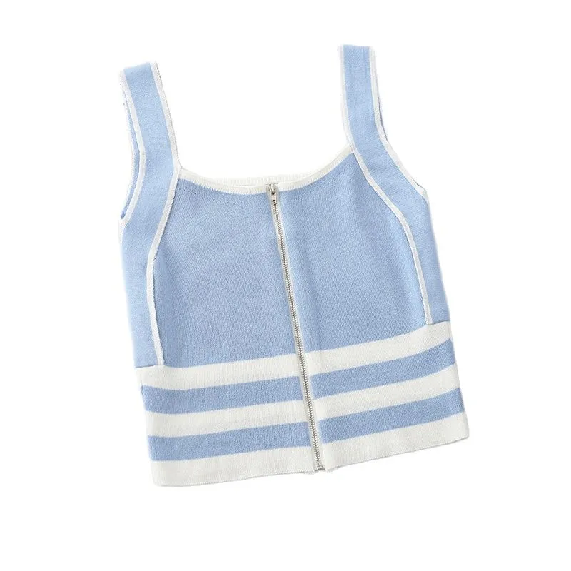 Striped Zip-Up Knit Camisole Top