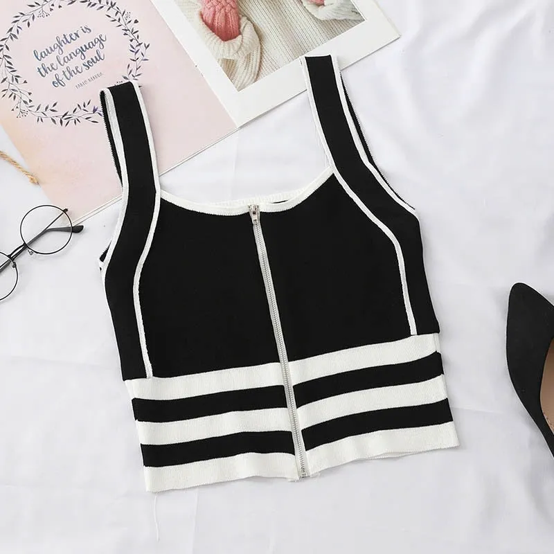 Striped Zip-Up Knit Camisole Top