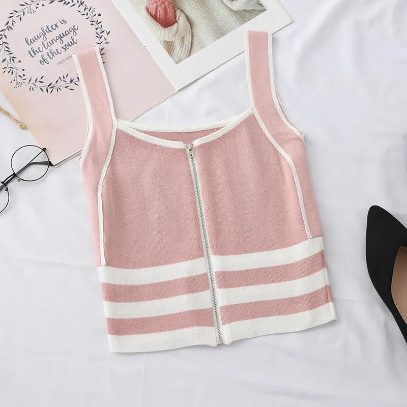 Striped Zip-Up Knit Camisole Top