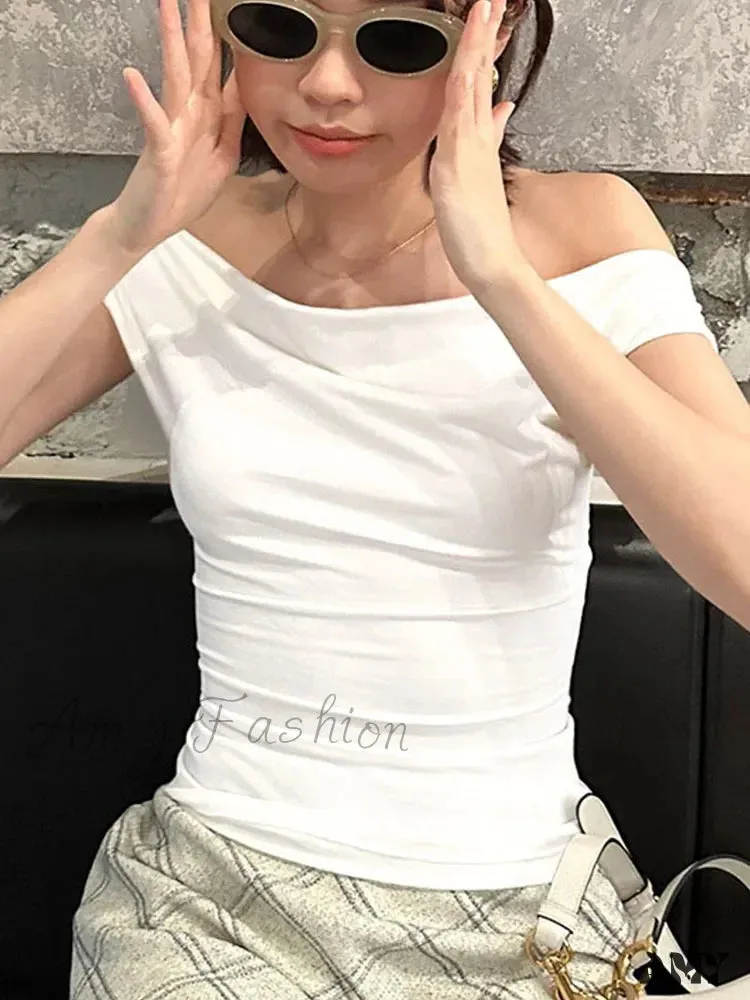 Summer Casual Short Sleeve Solid Color Off Shoulder Boat Neck Backless Slim Fit Crop Top