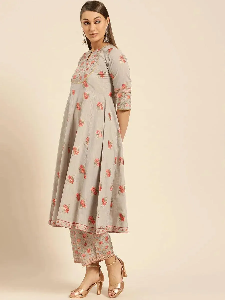 Taupe Printed Cotton Anarkali Kurta With Palazzos