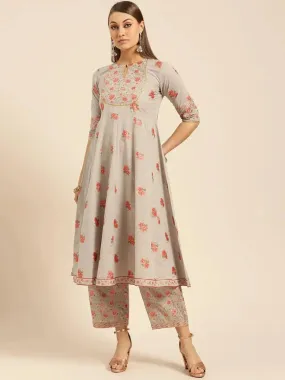 Taupe Printed Cotton Anarkali Kurta With Palazzos