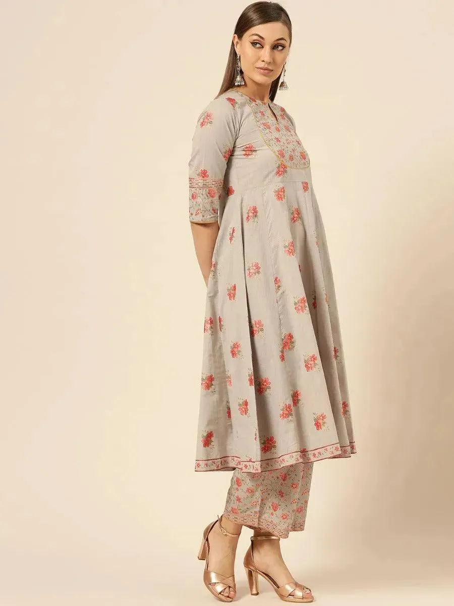 Taupe Printed Cotton Anarkali Kurta With Palazzos