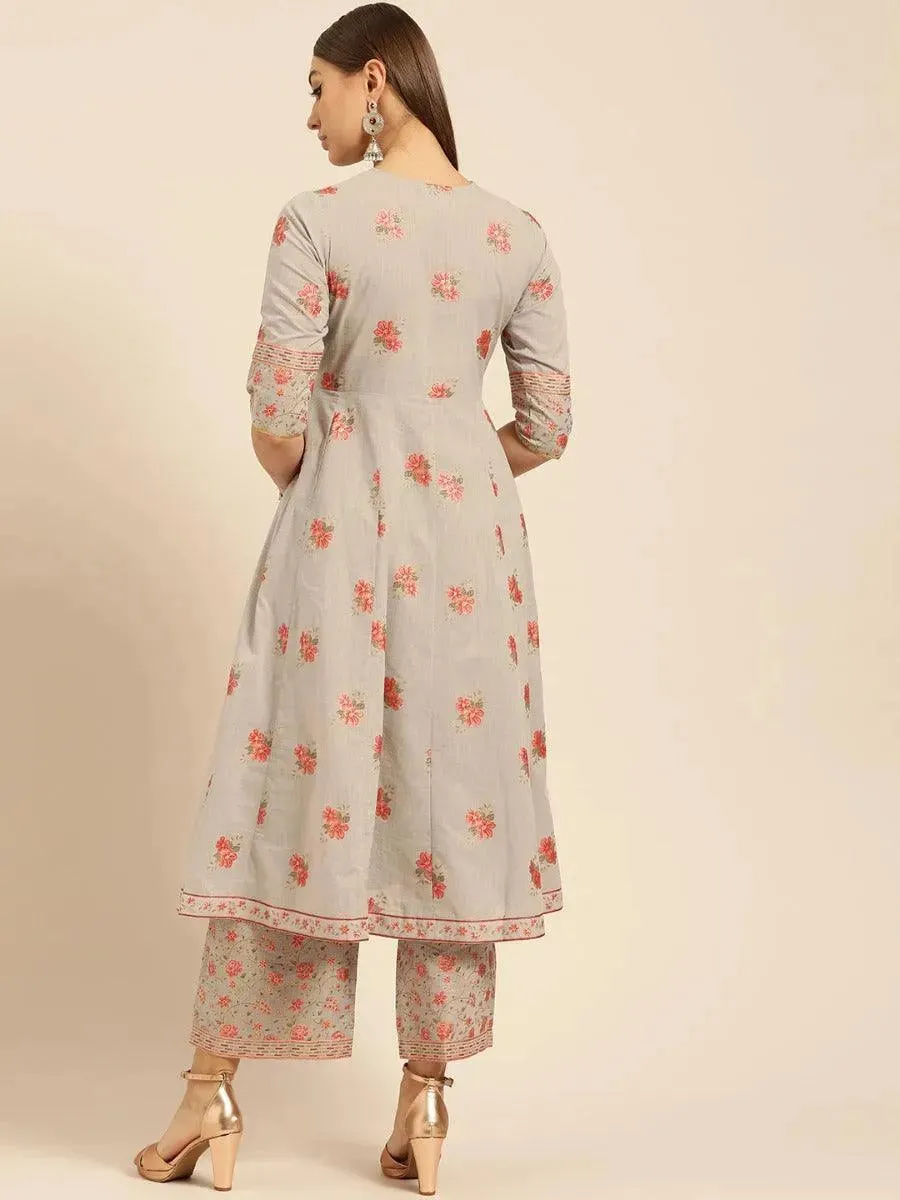 Taupe Printed Cotton Anarkali Kurta With Palazzos