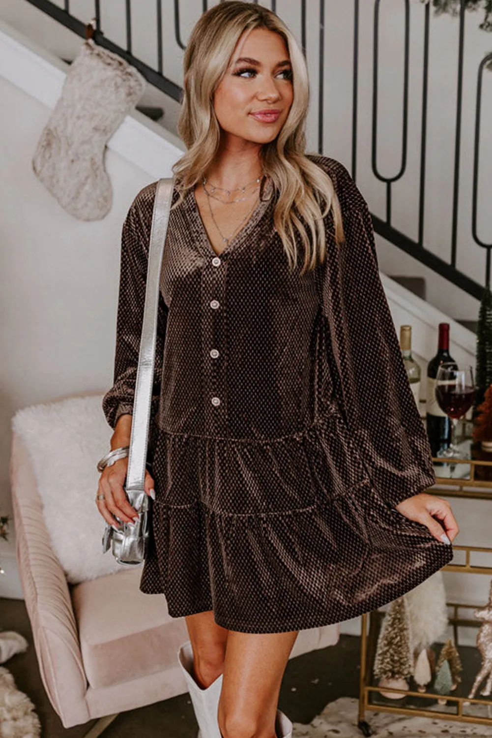 Textured Velvet V Neck Shift Dress