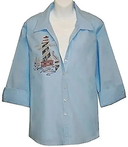 Tia Designs - Lighthouse , French Cuffs, Rhinestones, Blue, Cotton & Shirt