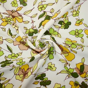 White-Green-Beige Floral Printed Rayon Crepe Faille Woven Fabric