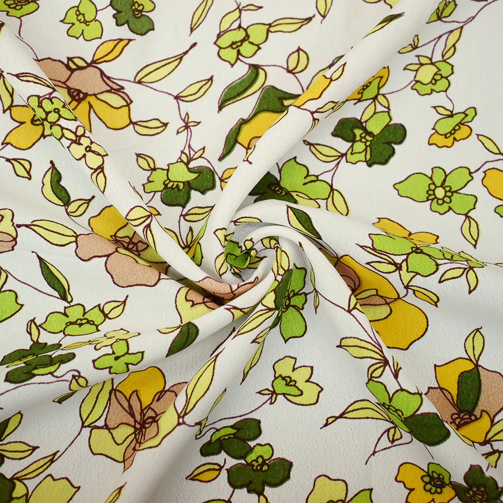 White-Green-Beige Floral Printed Rayon Crepe Faille Woven Fabric