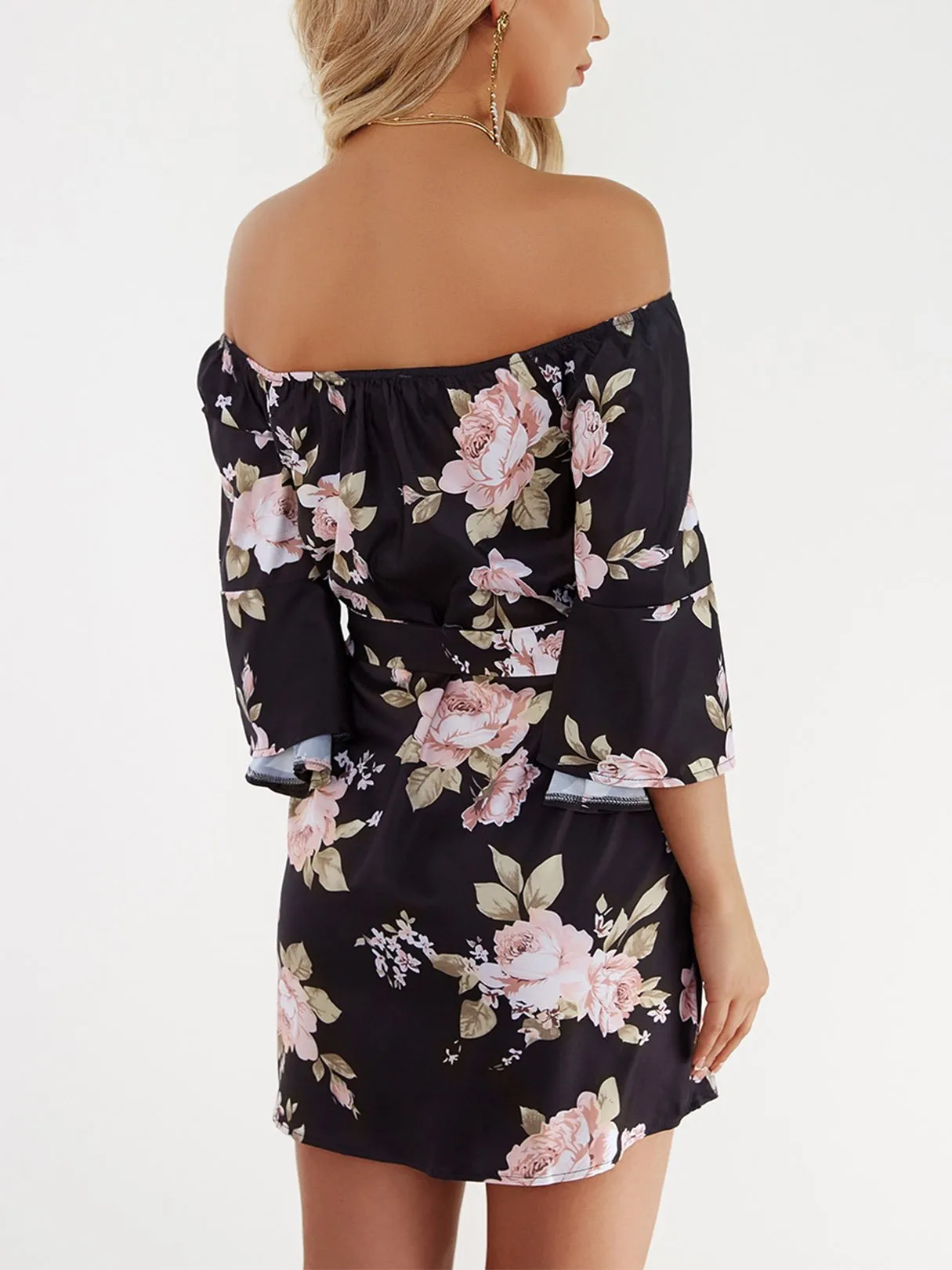 Wholesale Black Off The Shoulder 3/4 Sleeve Length Floral Print Lace-Up Belt Self-Tie High-Waisted Dresses