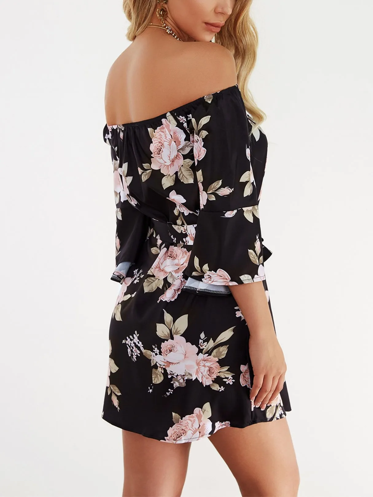 Wholesale Black Off The Shoulder 3/4 Sleeve Length Floral Print Lace-Up Belt Self-Tie High-Waisted Dresses