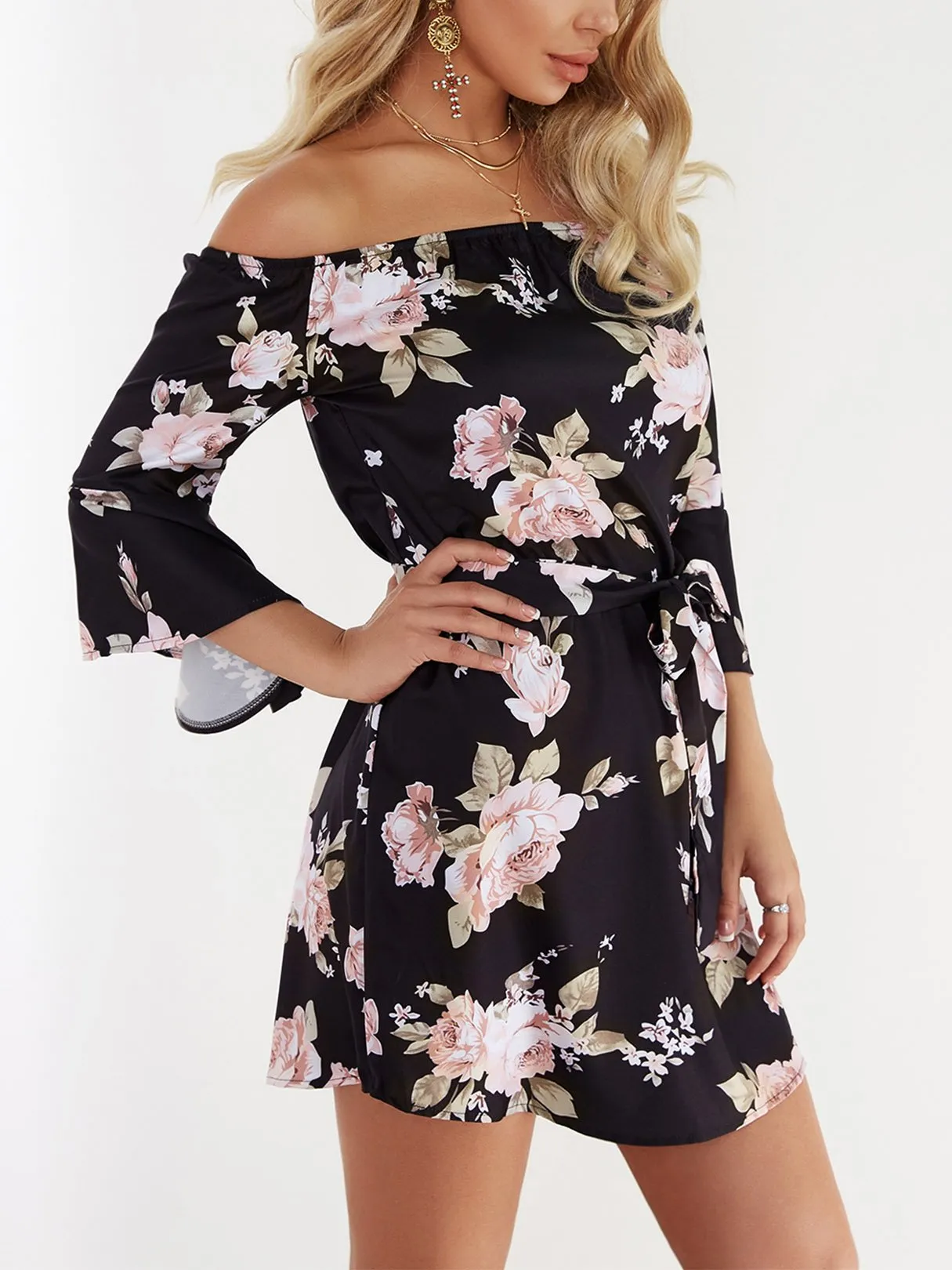 Wholesale Black Off The Shoulder 3/4 Sleeve Length Floral Print Lace-Up Belt Self-Tie High-Waisted Dresses