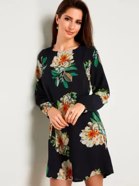 Wholesale Black Round Neck Long Sleeve Floral Print Hollow Dresses