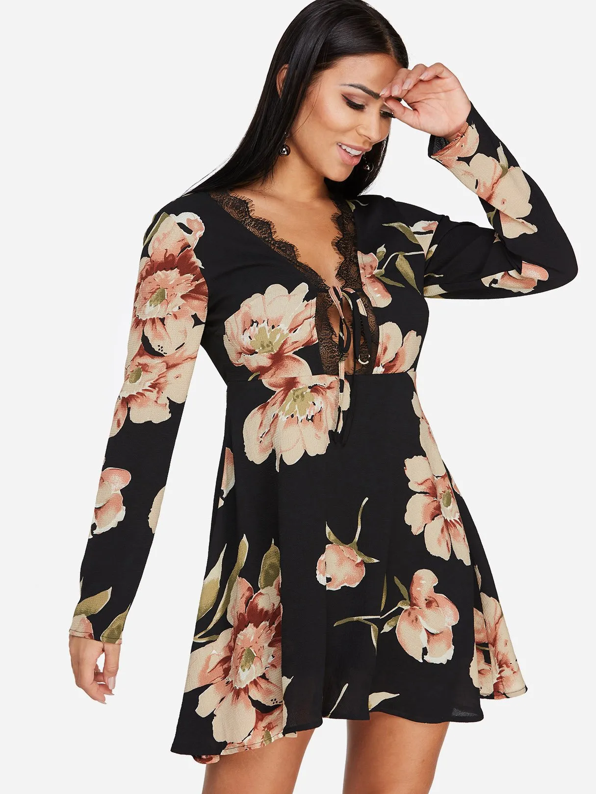 Wholesale Black V-Neck Long Sleeve Floral Print Lace Self-Tie Dresses