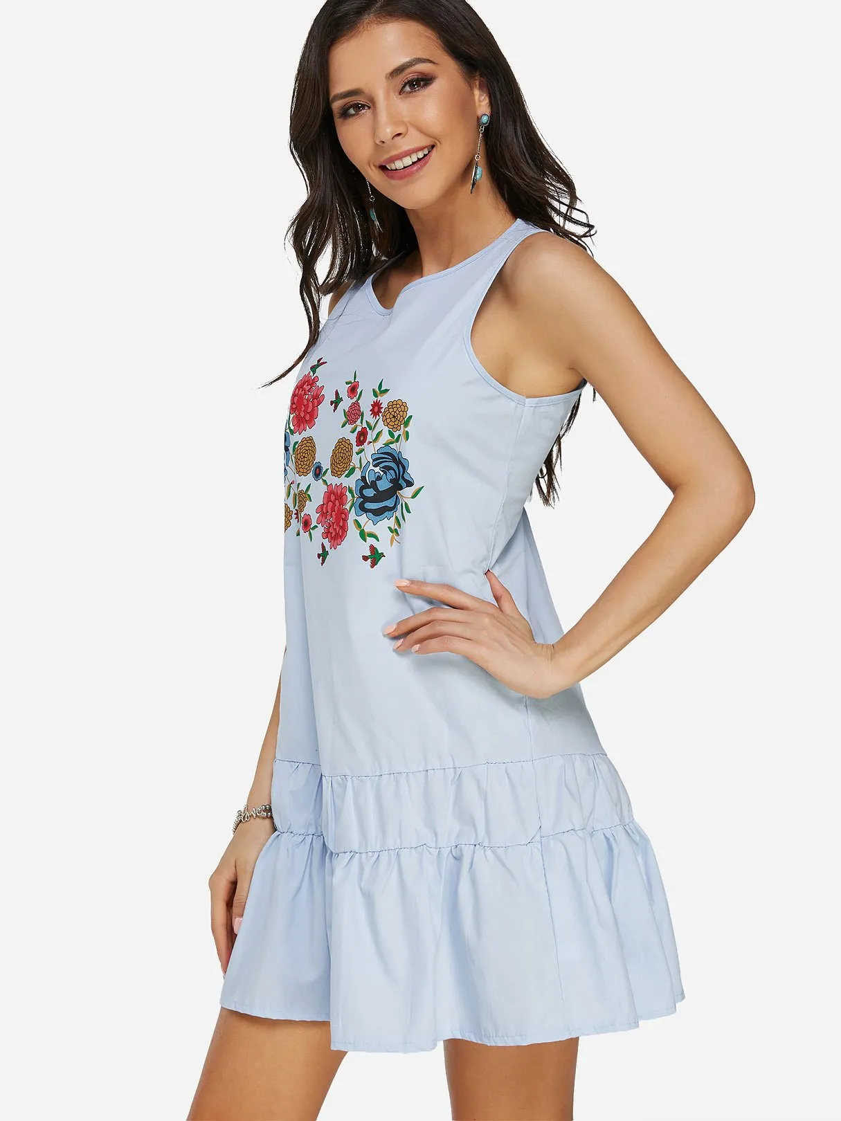 Wholesale Blue Round Neck Sleeveless Floral Print Ruffle Hem Dresses