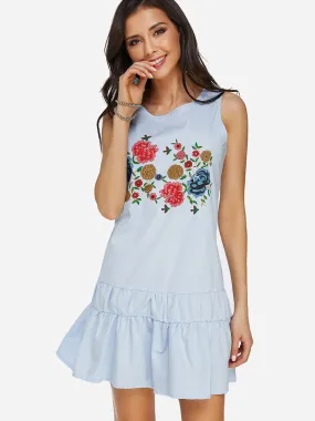 Wholesale Blue Round Neck Sleeveless Floral Print Ruffle Hem Dresses