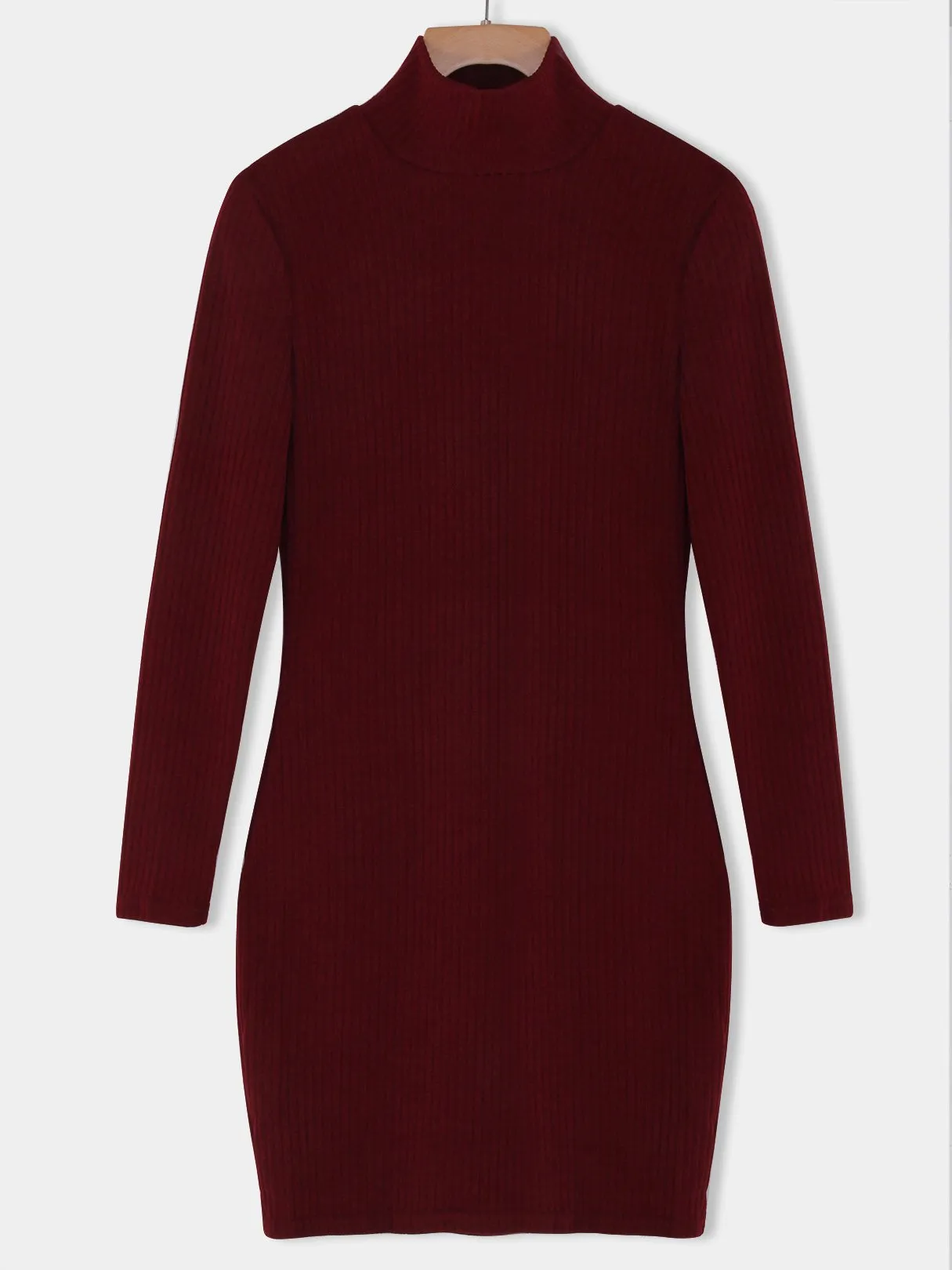 Wholesale Chimney Collar Plain Long Sleeve Bodycon Hem Burgundy Dresses